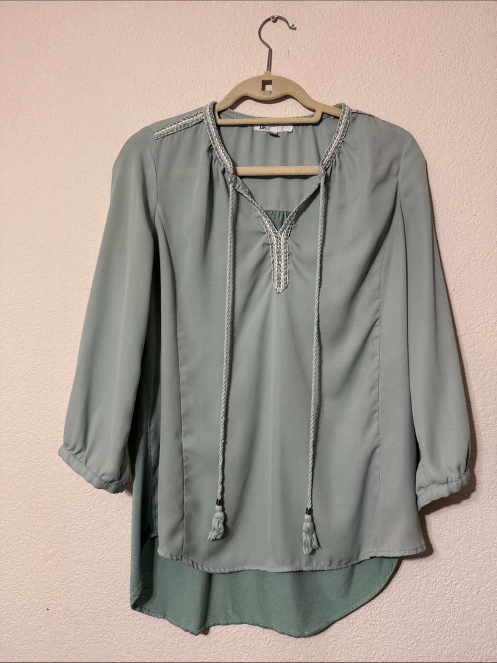 DR2 Sage Green Braided Tassel Peasant Tunic